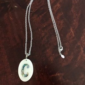 Mother of pearl “C” initial pendant on long chain